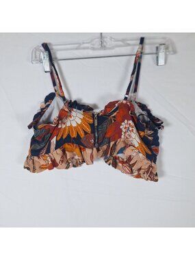 ELA Womens XS Floral Ruffle Crop Top Navy/Multicolor Spaghetti Straps Front Zipp